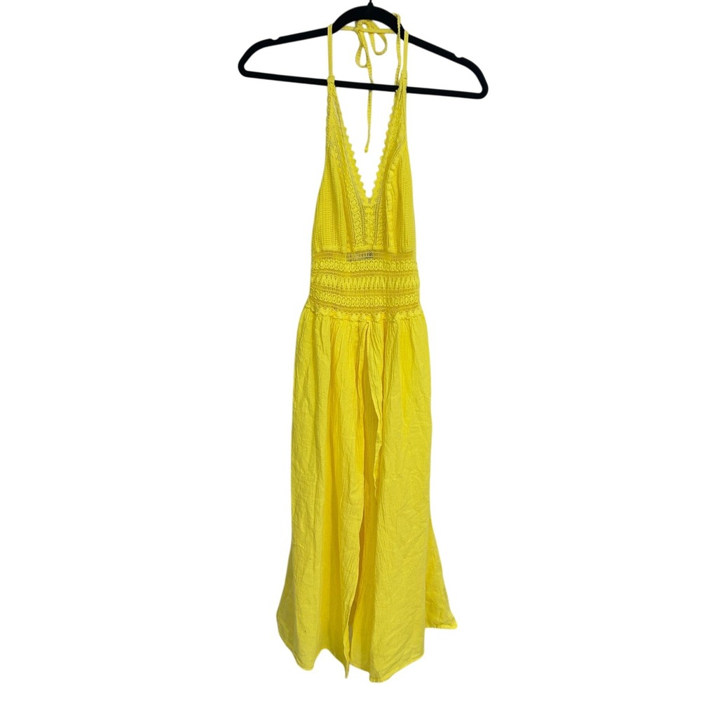 Boho Yellow Halter Maxi‎ Dress Small Crochet Open Back Resort Euro Summer